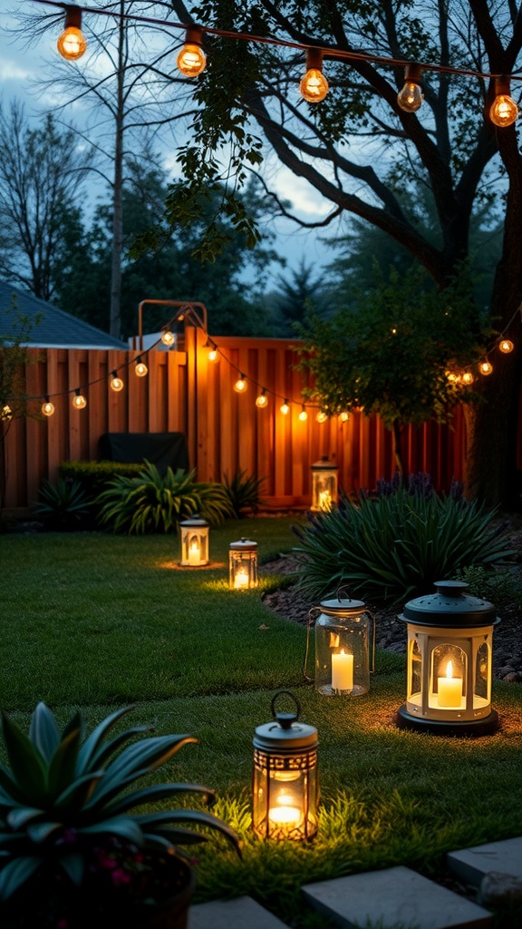 Cozy backyard with lanterns and string lights creating a warm atmosphere.