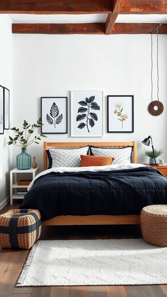 A stylish bedroom featuring a navy quilt, botanical wall art, and natural elements.