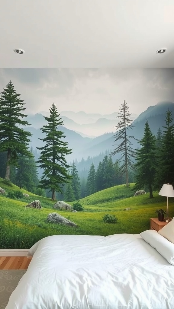 A serene nature-inspired mural depicting green hills and tall trees in a bedroom setting.