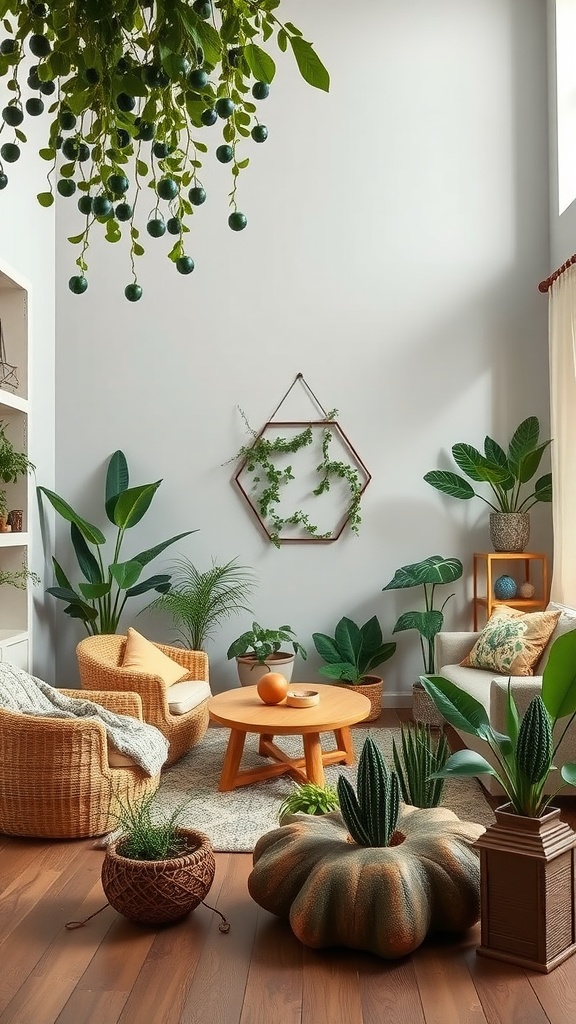 Cozy living room filled with plants, featuring rattan chairs and a wooden coffee table.