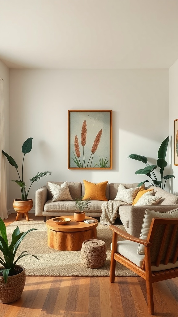 A nature-inspired living room featuring a cozy sofa, potted plants, and wood accents.