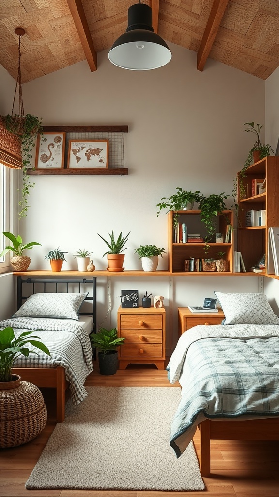 A cozy teen bedroom with wooden furniture, plants, and two beds, creating a nature-inspired retreat.