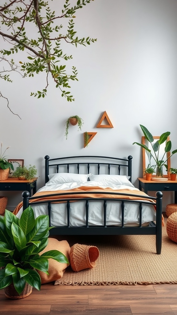 A black bed frame in a nature-inspired bedroom with plants and earthy decor.