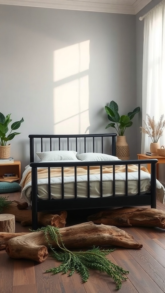 A cozy bedroom featuring a black bed frame, plants, and wooden accents, creating a nature-inspired retreat.