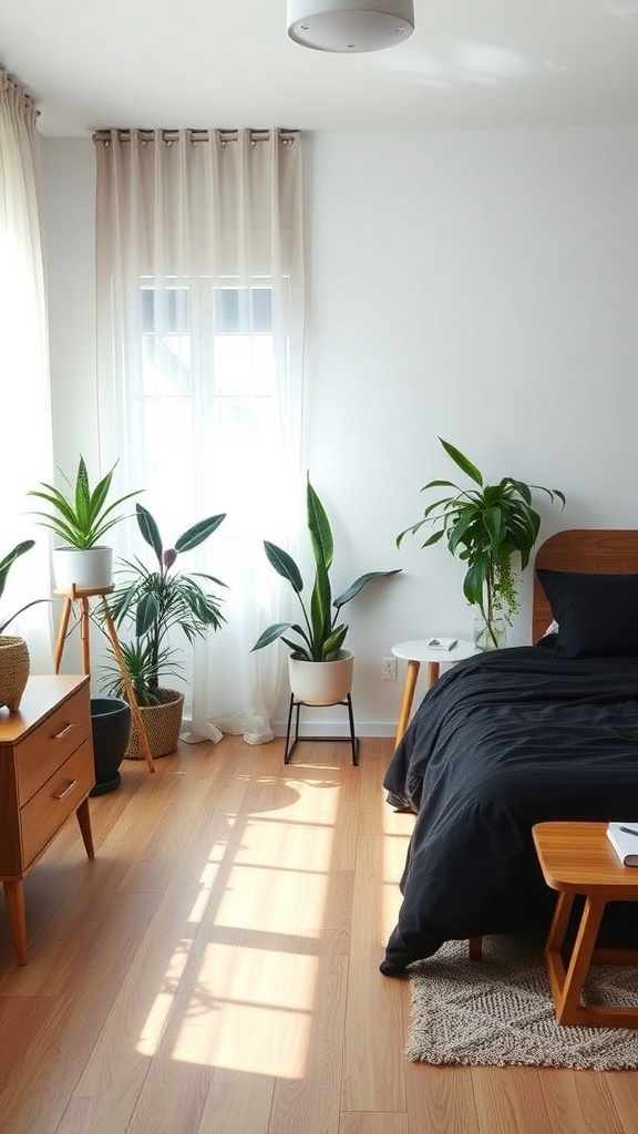 A modern bedroom featuring black sheets, wooden furniture, and various indoor plants.