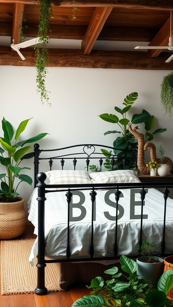 A cozy bedroom featuring a black iron bed frame surrounded by various indoor plants, creating a nature-inspired retreat.