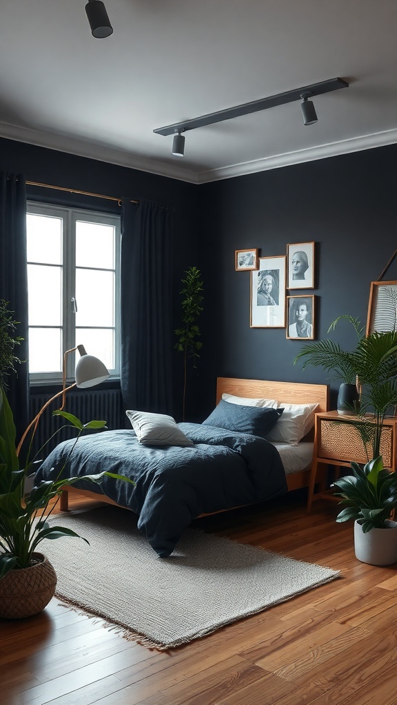 A cozy bedroom with black walls, wooden bed frame, blue bedding, and indoor plants.