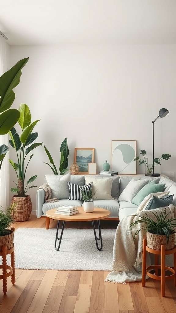 A cozy living room with a light sofa, wooden floor, and various indoor plants.