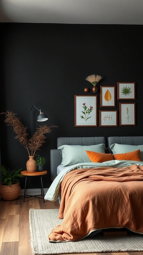 A cozy bedroom featuring a black accent wall, earthy tones, and natural decor.