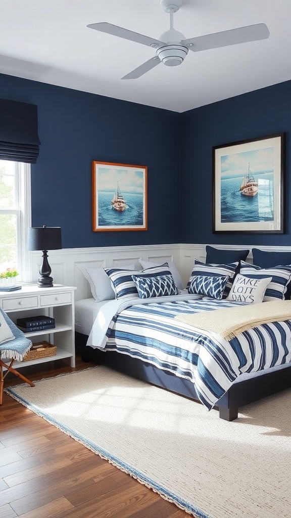 A nautical themed bedroom with blue walls, striped bedding, and boat artwork.