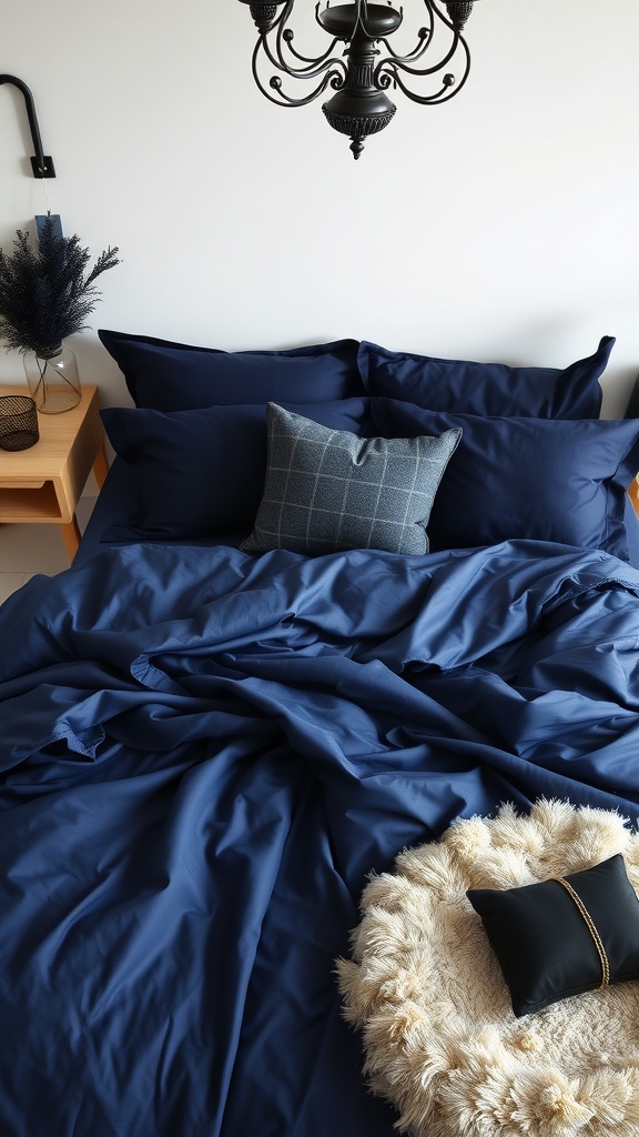 A cozy bedroom featuring navy blue bedding, a stylish throw pillow, and a plush throw at the foot of the bed.