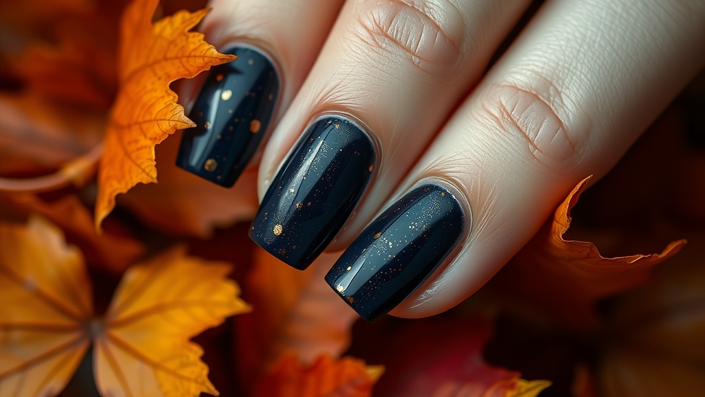 Navy blue nails with copper flecks surrounded by autumn leaves.