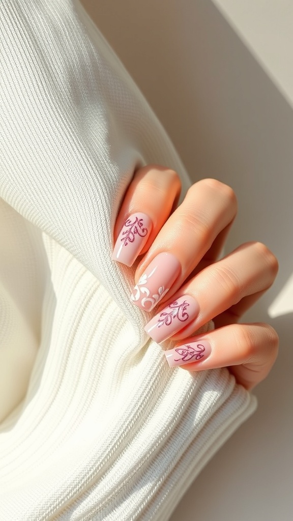A close-up of acrylic nails featuring negative space designs with pink, white, and burgundy colors.