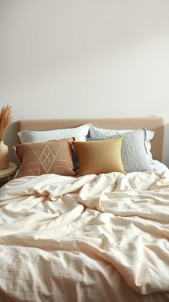 A bed with neutral bedding and textured pillows in a minimal boho style