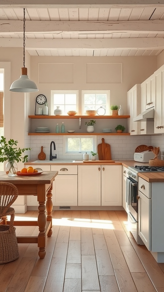A rustic farmhouse kitchen with a neutral color palette, featuring white cabinets and wooden accents.