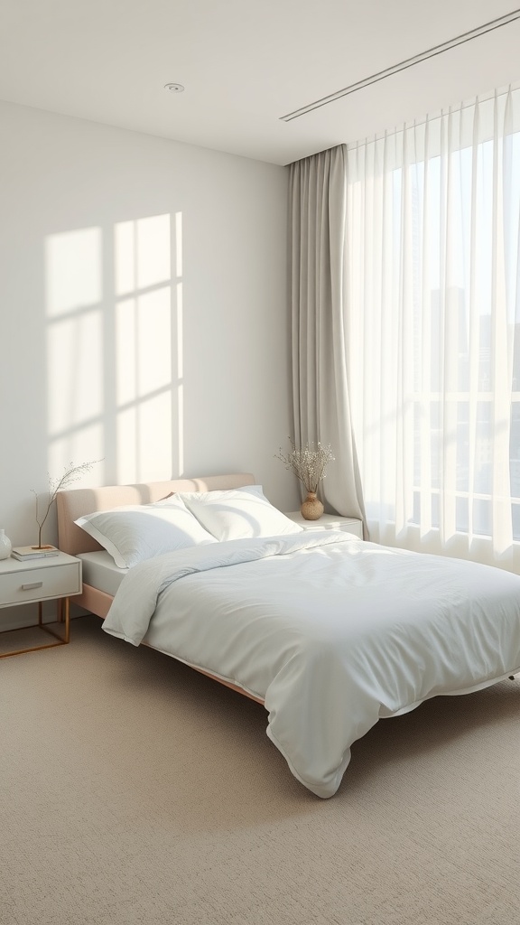 A minimal bedroom featuring a neutral color palette with soft shades of white and beige.