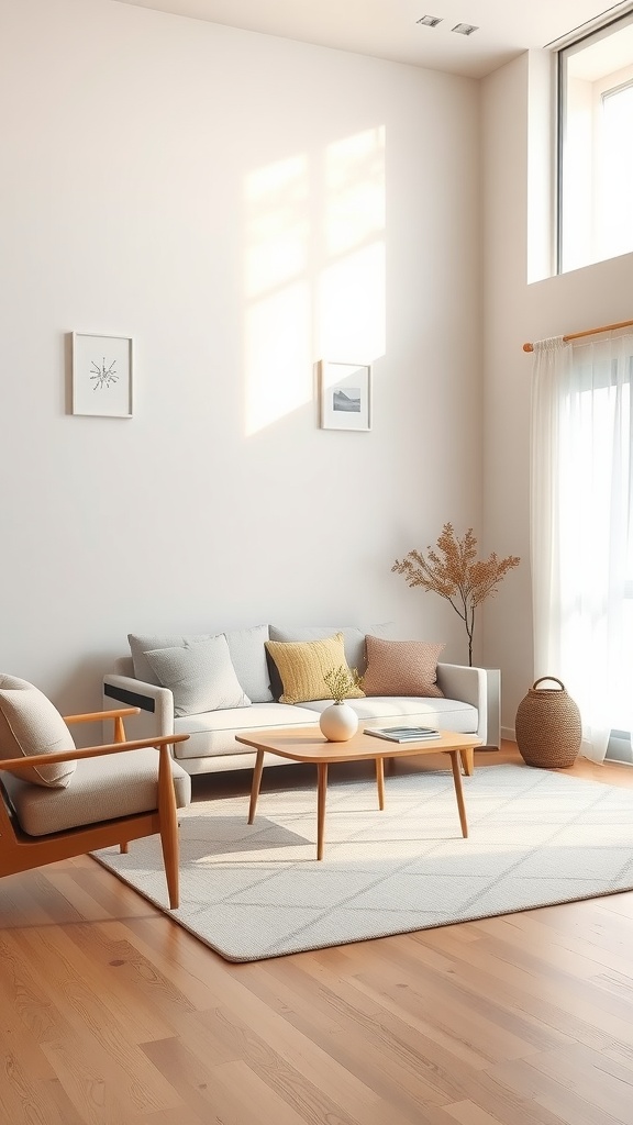A minimalist Korean living room featuring neutral colors, light furniture, and natural light.