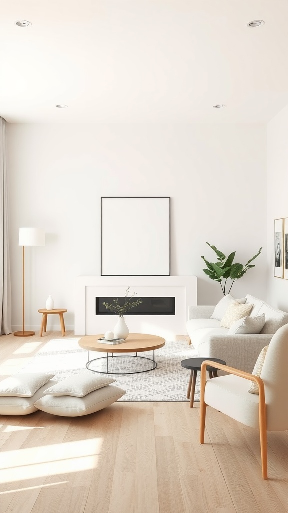 A minimalist living room featuring a neutral color palette with light wood furniture and soft furnishings.