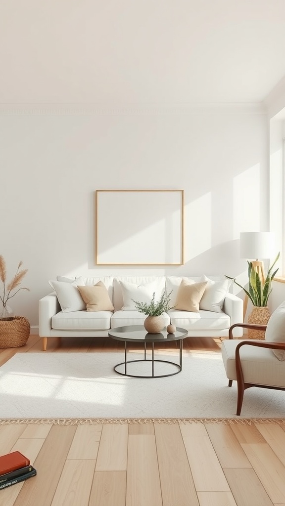 A minimalist apartment with a neutral color palette featuring a white sofa, cushions, and light wood flooring.