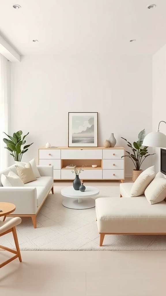 A clean and neutral living room with light furniture, plants, and calming artwork.