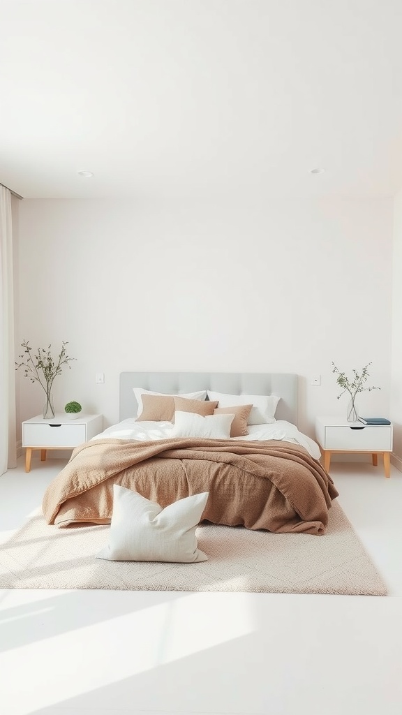 A cozy modern bedroom with neutral color palette featuring a bed with beige and white bedding, light walls, and simple furniture.