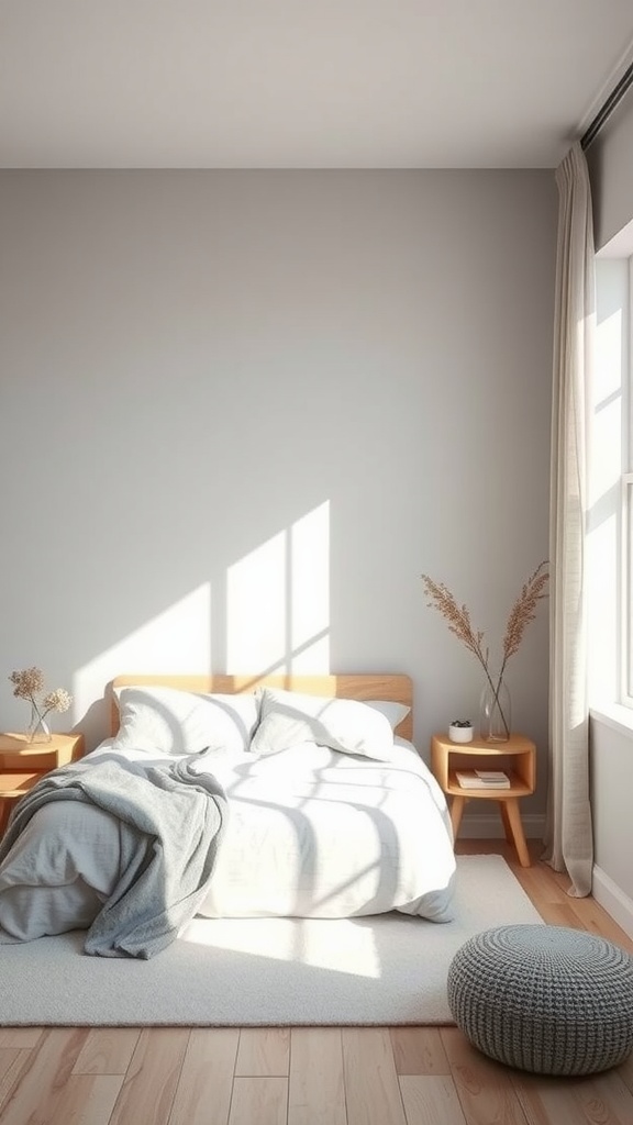 A minimalistic bedroom with gray walls, a wooden bed, and cozy bedding, illuminated by natural light.