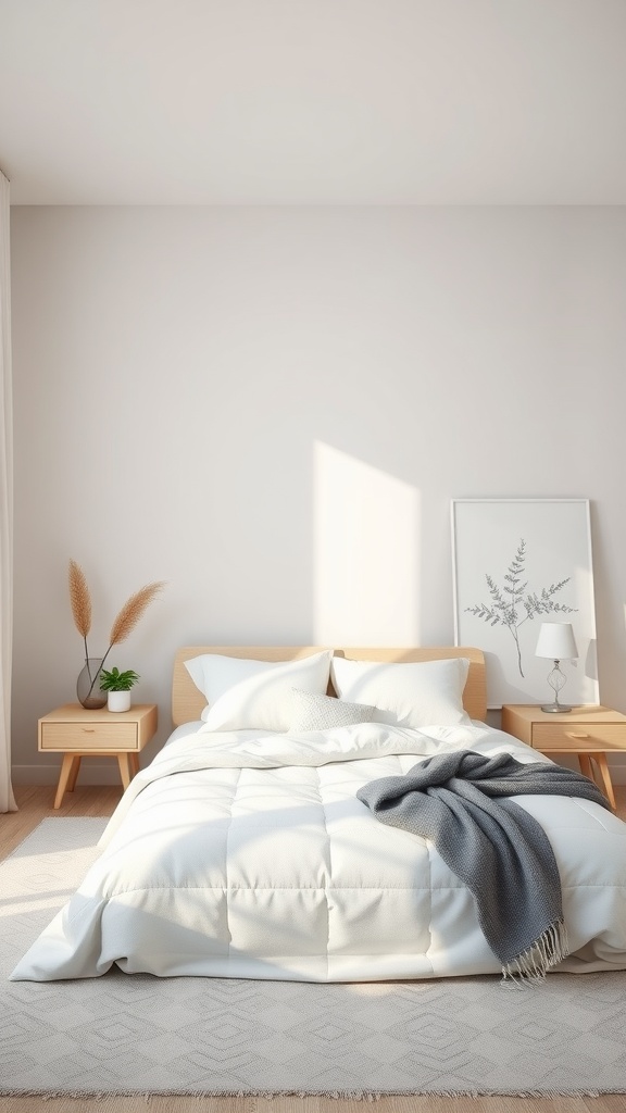 A modern minimal bedroom featuring neutral colors, a cozy bed with white bedding, gray throw blanket, and simple decor.