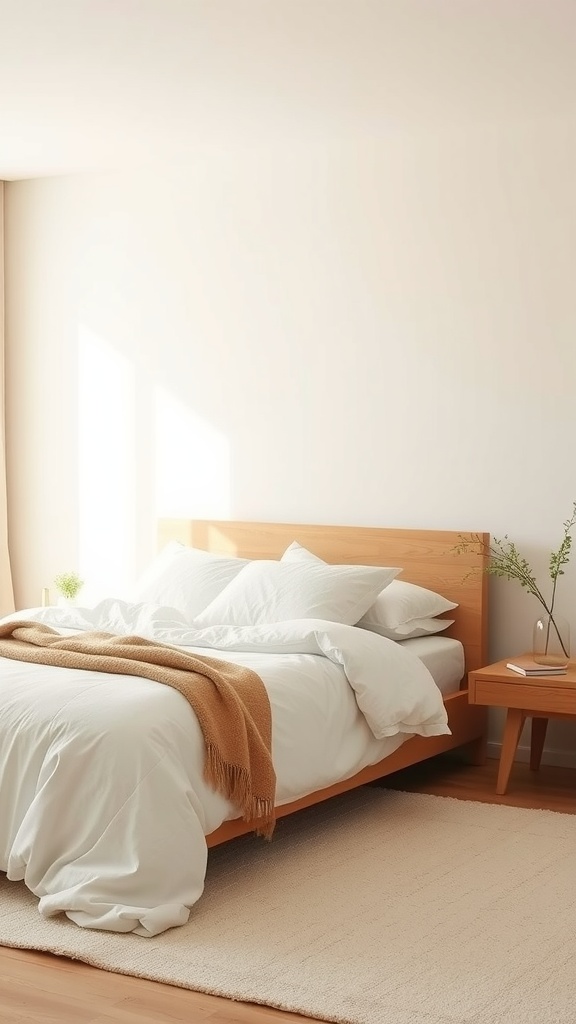A minimalist bedroom featuring a neutral color palette with a wooden bed, white linens, and a cozy throw.