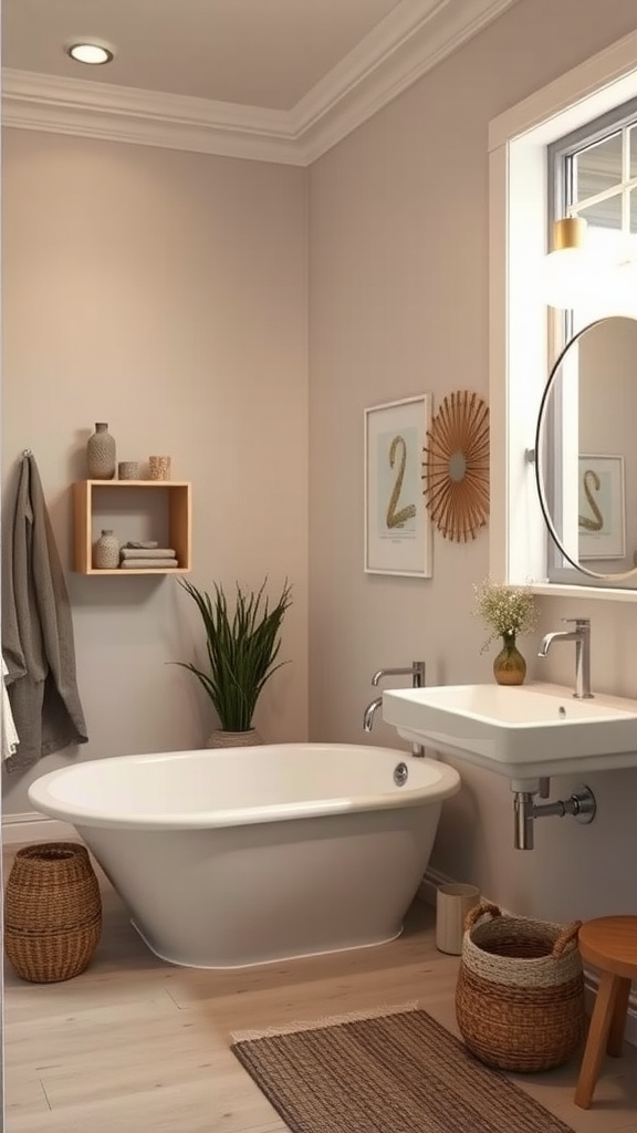 Modern farmhouse bathroom featuring neutral colors, a freestanding bathtub, and natural decor elements.