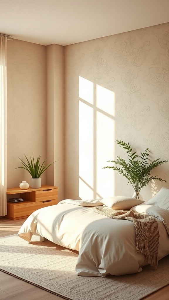 A beautifully designed bedroom with neutral textured walls, a cozy bed, and natural light coming through the window.