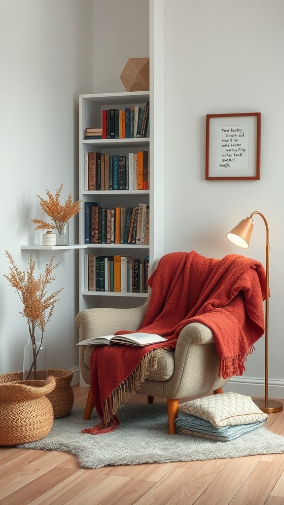A cozy reading nook with a comfortable chair, bookshelf, warm blanket, and soft lighting.