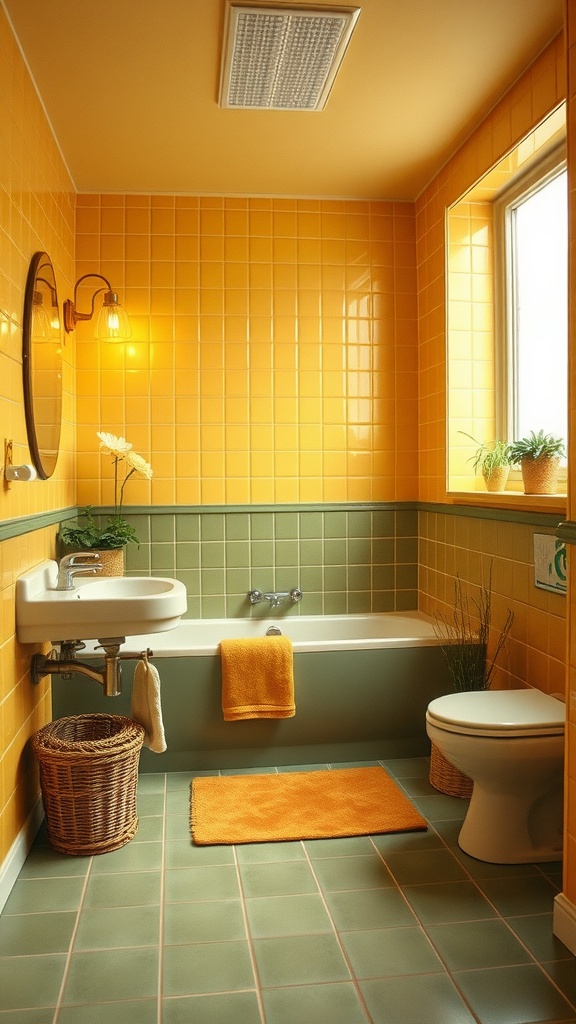 A 70s style bathroom featuring yellow and green tiles, a mirror, and plants.
