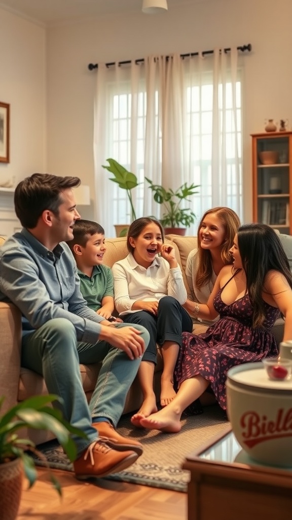 A family enjoying time together in a cozy living room, filled with laughter and conversation.