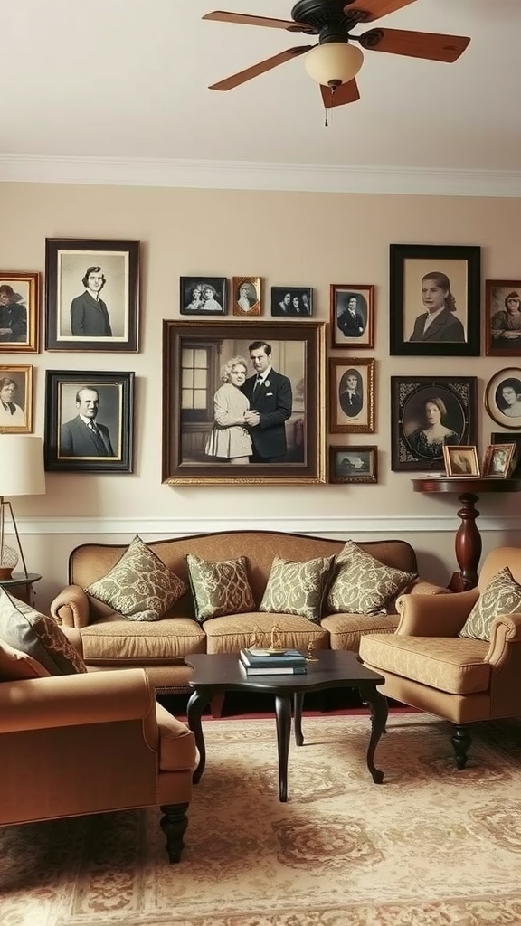 A vintage living room with family photos on the wall, featuring comfortable seating and warm colors.