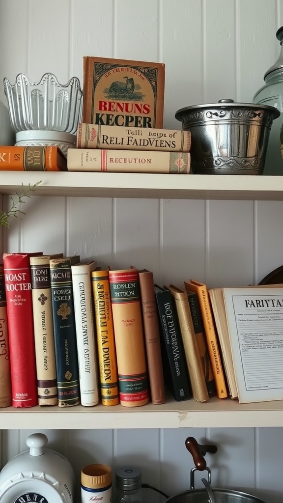 A cozy shelf filled with vintage recipe books and kitchen supplies in a cottage kitchen.