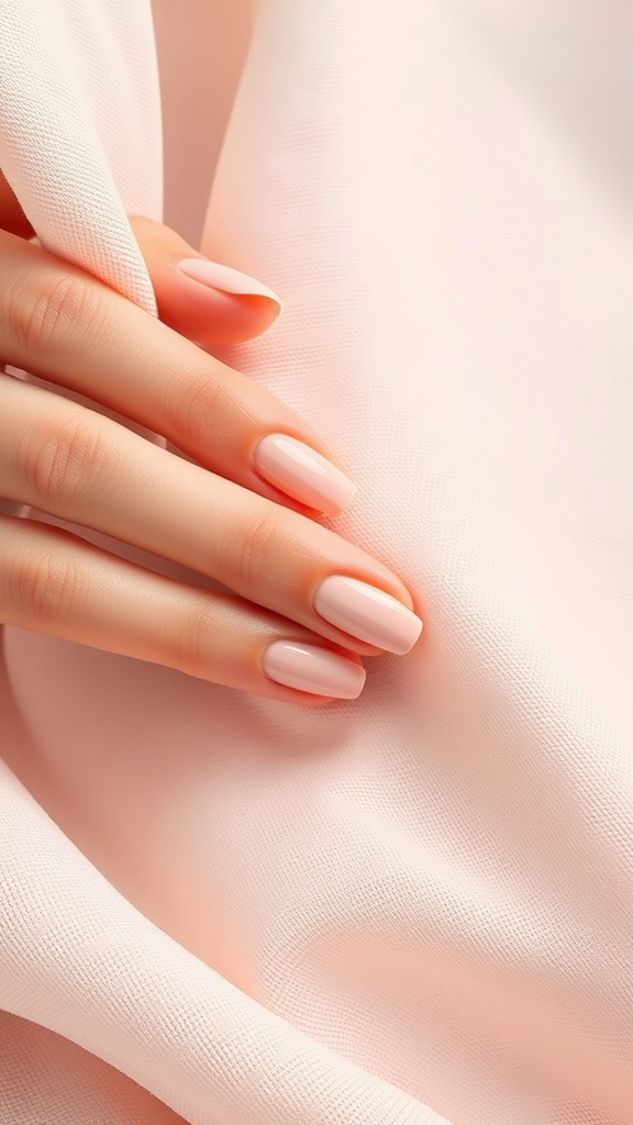 Close-up of nude almond nails on a hand resting on soft fabric.