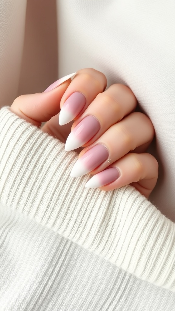 Ombre almond nails with a pink to white gradient effect