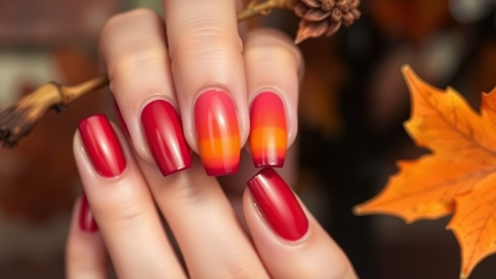 Ombre autumn sunset nails featuring red and orange colors
