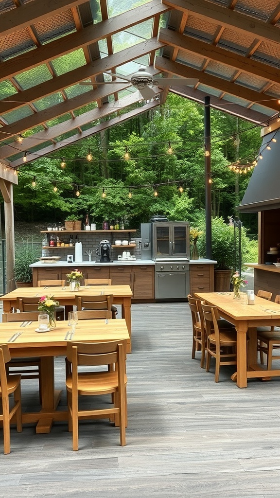 An outdoor kitchen with wooden dining tables, chairs, and a glass roof surrounded by greenery.