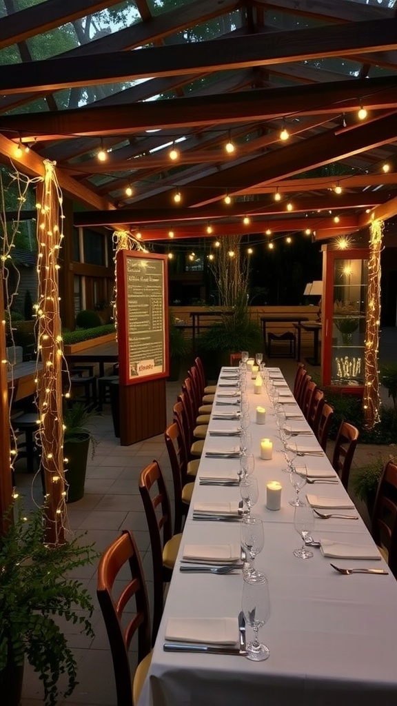 Cozy open-air dining setup with a long table, candles, and warm string lights.