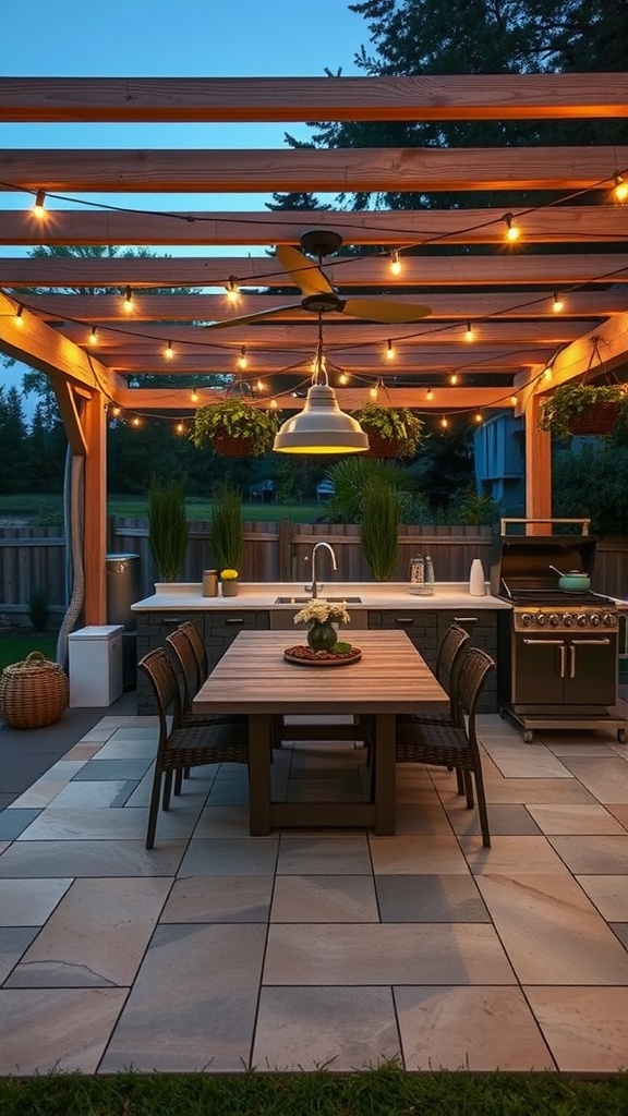 An inviting outdoor kitchen and dining area under a wooden pergola, featuring a table, chairs, and string lights.