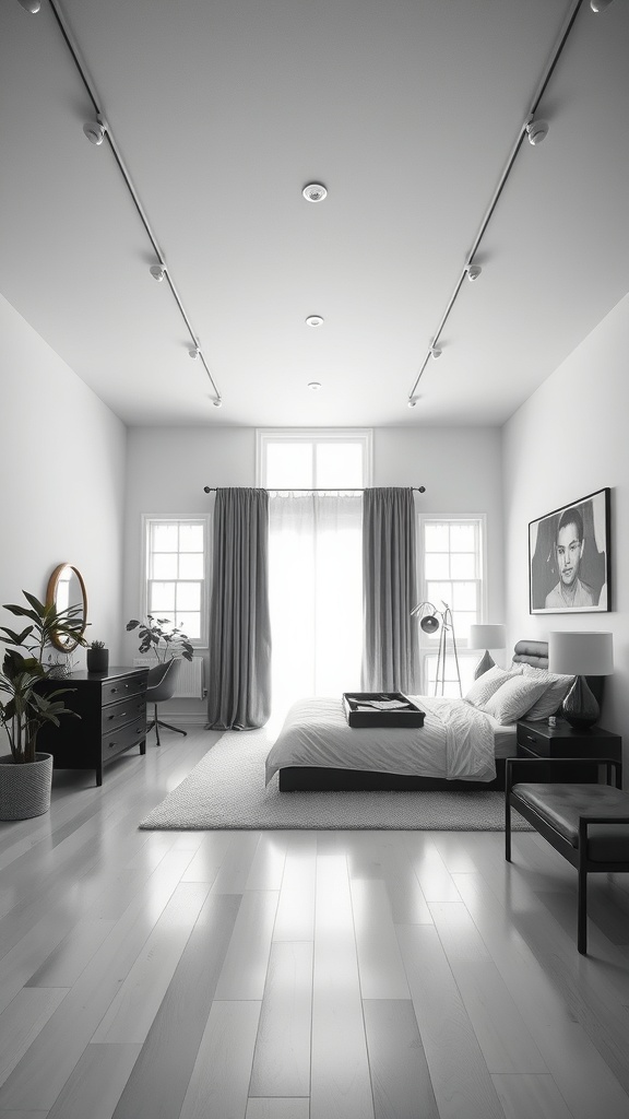 A modern black and white bedroom with large windows, minimalist furniture, and natural light.