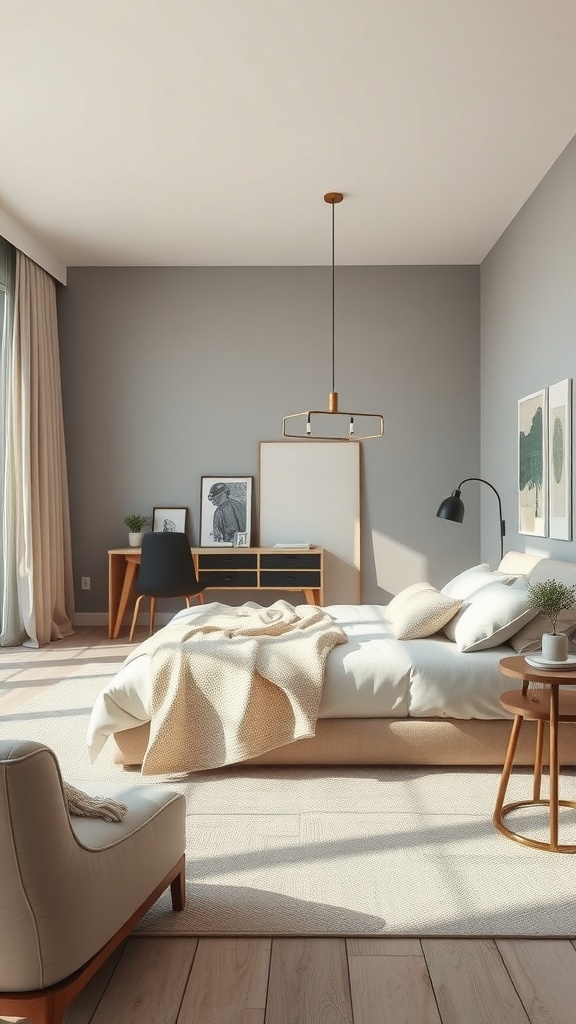 A modern open concept bedroom featuring gray walls, beige bedding, and minimalist furniture.