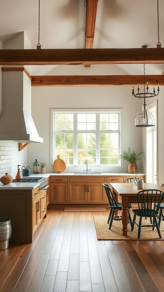 Bright farmhouse kitchen with wooden cabinets, dining table, and large windows