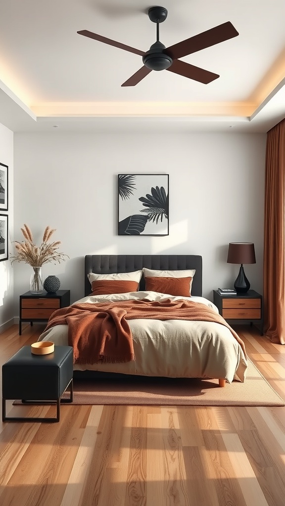 A stylish bedroom featuring brown and black elements with a cozy bed, wooden flooring, and modern decor.