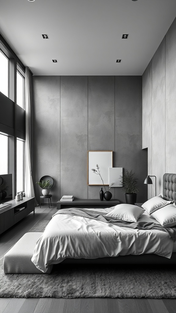 Modern gray and black bedroom with an open layout featuring a bed, nightstand, and large windows.
