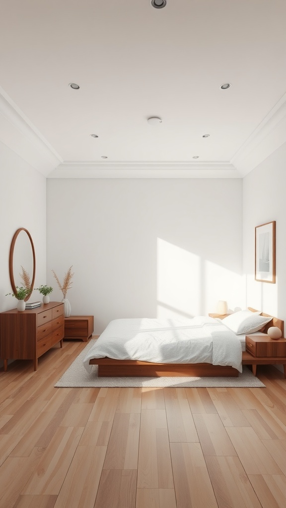 Minimalist bedroom with wooden furniture, bright walls, and an open layout.