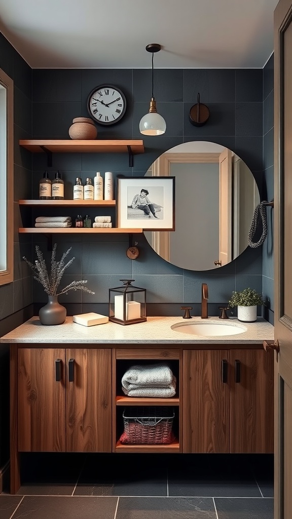 Modern bathroom featuring open shelving with toiletries and decor, dark walls, and a stylish mirror.