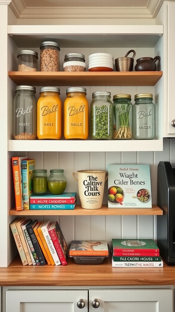 Open shelving displaying mason jars and cookbooks in a cozy farmhouse kitchen