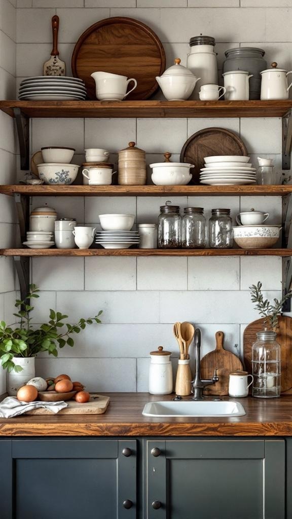 Open shelving in a farmhouse kitchen displaying dishes and jars